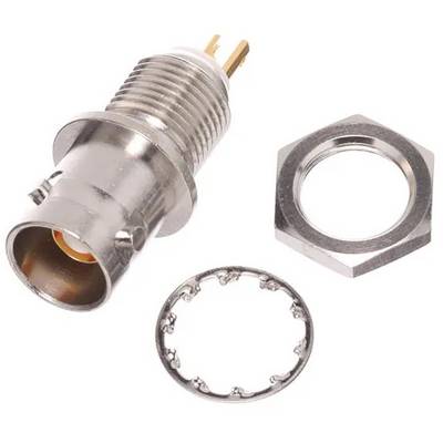 'Right angle BNC connector jack with solder terminals, a mounting nut, and a washer, suitable for coaxial cable connections.'