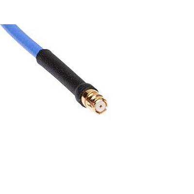 Blue cable with a golden plug at one end on a white background.