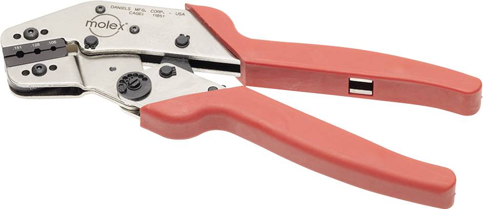 Silver crimping pliers with red handles by the brand 'Molex' for connecting electrical conductors.