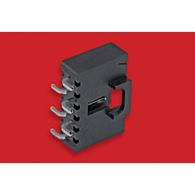 A black electrical connector against a red background, with four visible connection pins on the left side.
