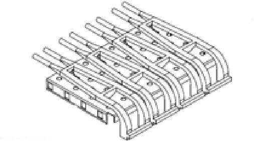 Technical drawing of a grid system with multiple parallel struts above a base structure.