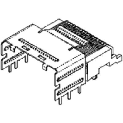 Black and white drawing of an electronic connector with multiple pins and lateral notches, without further description.