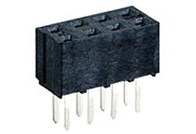 Black connector with eight silver pins, rectangular shape.