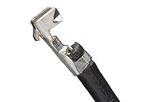 A nickel-plated tool with a black handle used for stripping electrical cables.