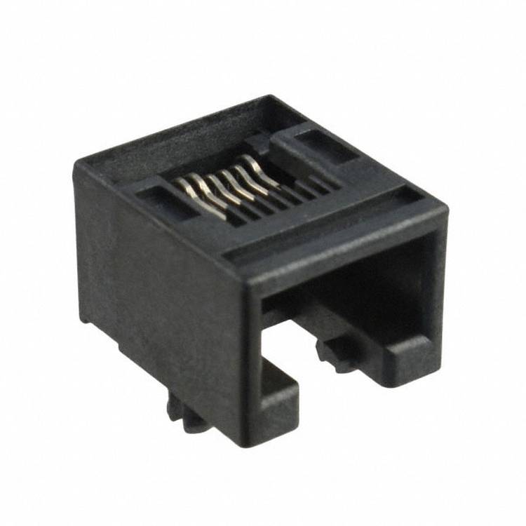 A black plastic RJ11 telephone jack with four metal connectors, commonly used for telephone line connections.