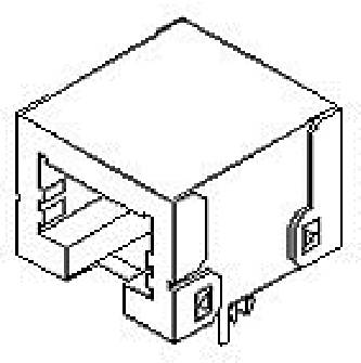 Black and white technical drawing of an RJ45 network socket in perspective view.