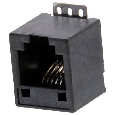 A close-up image of a black RJ45 Ethernet jack with visible metal connectors inside, used for network cable connections.