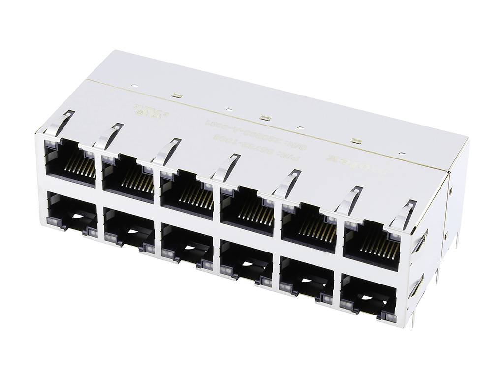 An RJ45 network connector module with eight side-by-side ports, suitable for Ethernet connections in network devices.