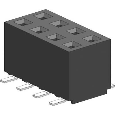 A rectangular, black electrical connector with six terminals viewed from underneath.