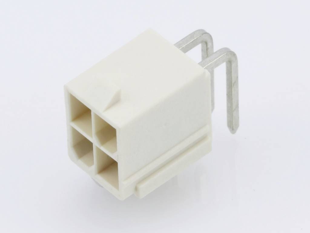 A white, four-pole electrical connector with two metallic pins protruding from the sides, set against a white background.