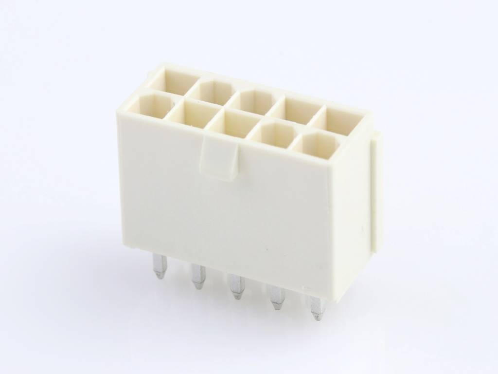 A white, rectangular plastic plug with eight square openings and nine metal pins beneath it, set against a light background.