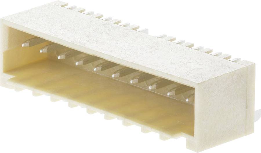 A rectangular plastic plug with multiple metal contacts, suitable for electronic connections on circuit boards.