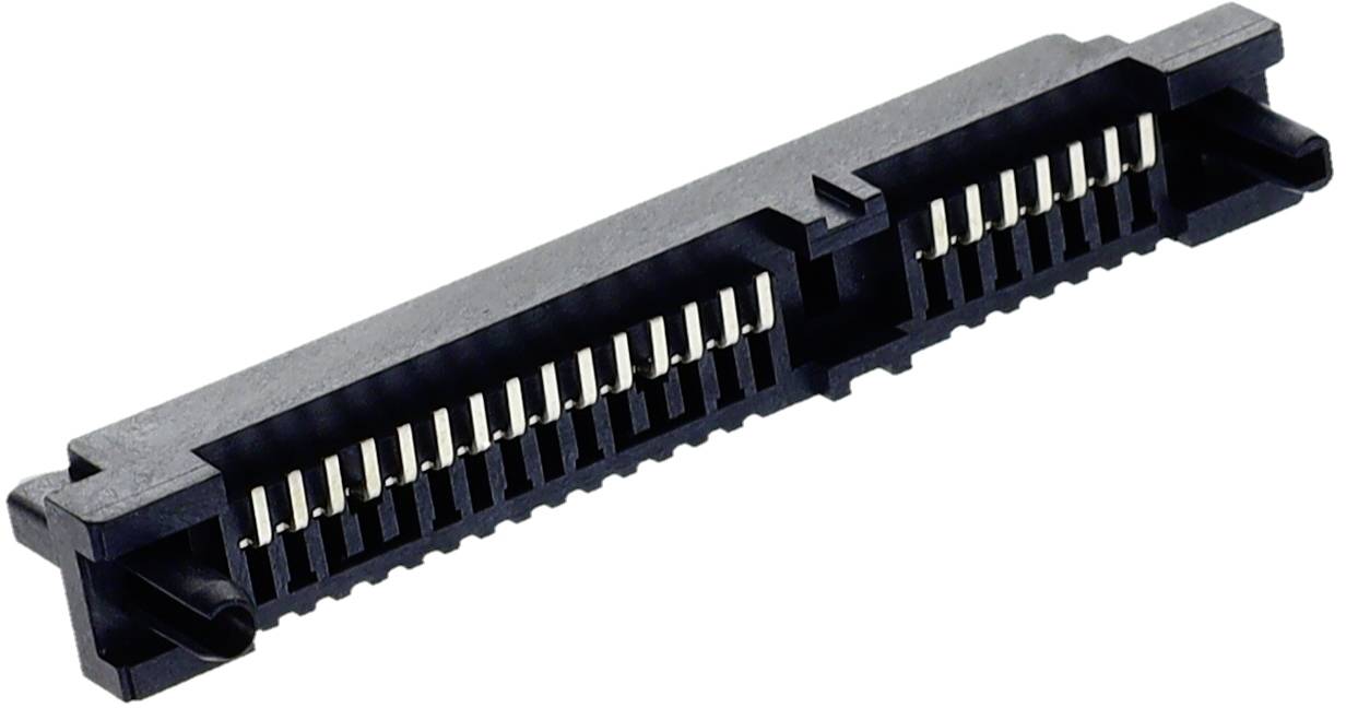 Black electronic connector, featuring multiple metal pins aligned in two rows, used for connecting hardware components.