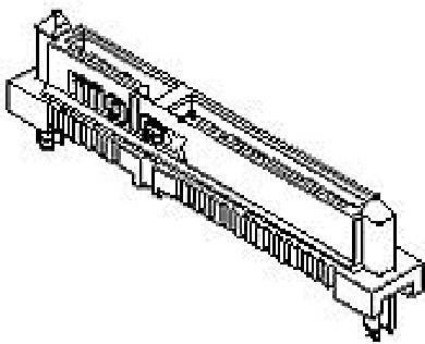 A detailed technical drawing of an electrical connector with pins and a plastic housing, shown from a side perspective.