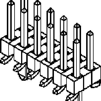 A black isometric diagram of a six-pin connector, with vertically arranged pins and side mountings.
