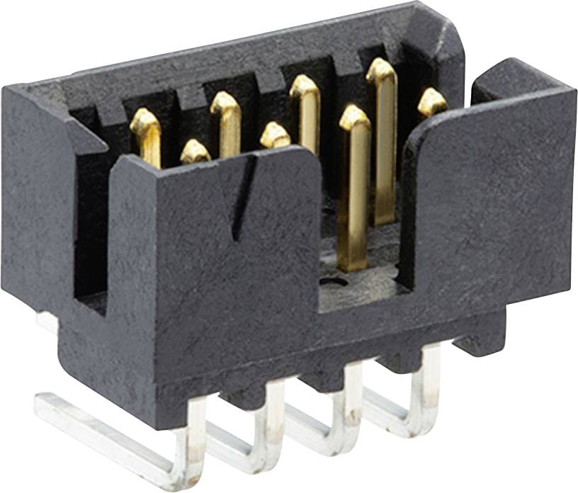 A black connector with six gold-plated pins and four silver terminal blocks displays a rectangular shape.