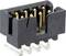 A black connector with six gold-plated pins and four silver terminal blocks displays a rectangular shape.