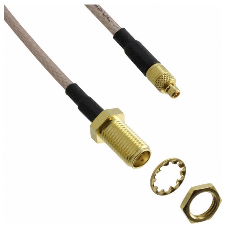 'Coaxial cable connectors: one end with a gold-plated jack, the other with a plug, both connected by a brown cable. Includes washers and nut.'