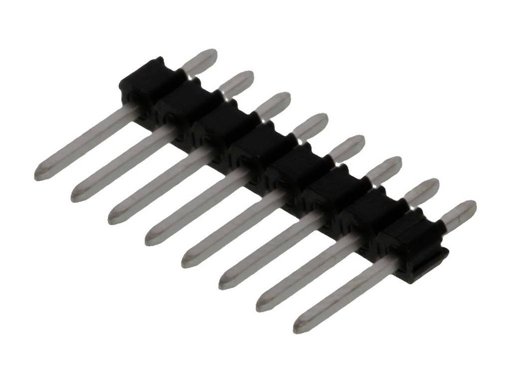'8-pole header connector, right-angled, black plastic base with metal pins, for use on printed circuit boards.'