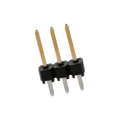 Three gold-plated pin header connectors on a black plastic base, a standard component for electrical connections and circuits.
