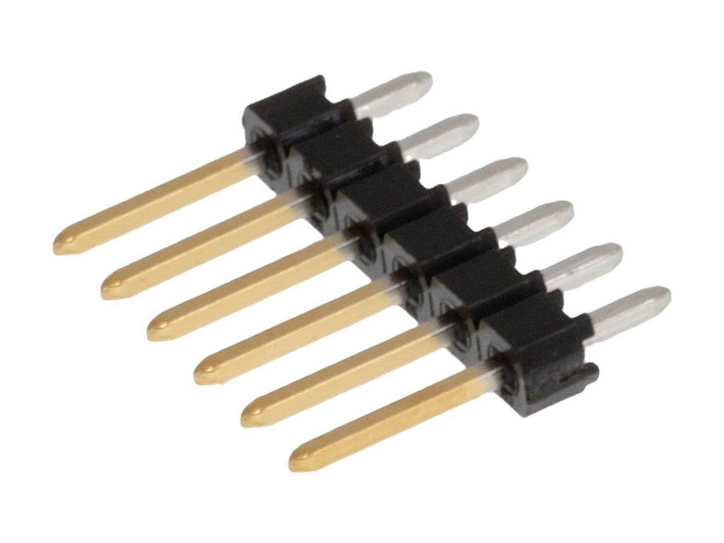 Electronic component: Pin header with six metal pins in a black plastic housing.