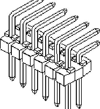Electronic component in an isometric view, showing a multi-pole connector with angled terminals.