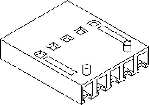 Isometric drawing of a rectangular multi-contact connector with two mounting pins at the corners.