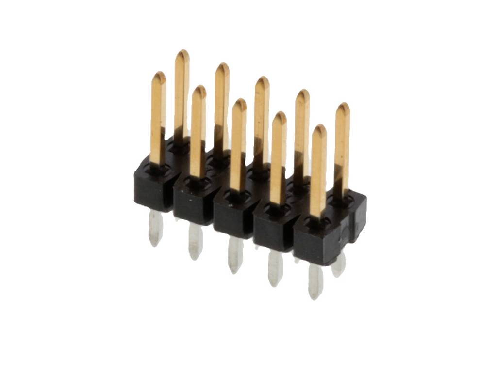 A set of seven golden pin strips in a black plastic casing for electronic connections.