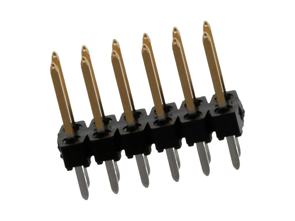 A black plastic connector with two rows of gold-coloured pins, used for connecting electronic components.