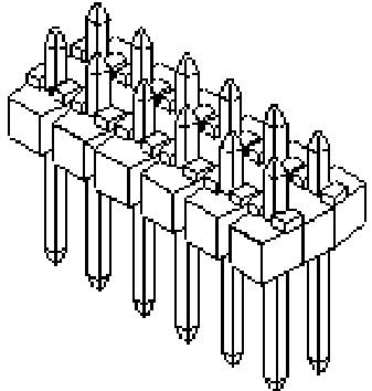 Line drawing of an electronic chip with multiple pin connections protruding from the bottom side.