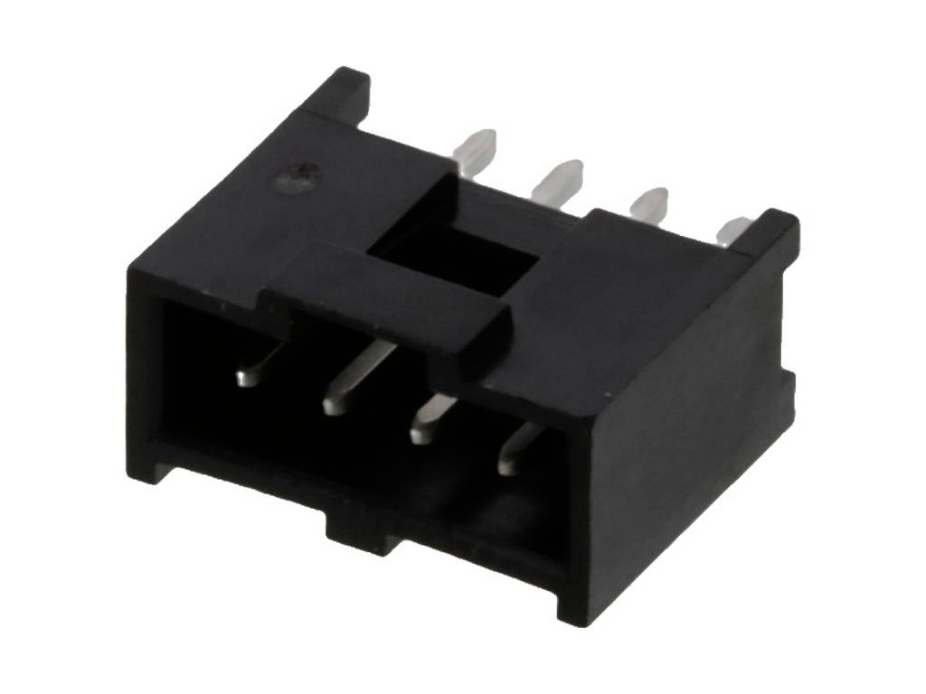 A black electrical connector with four pins, rectangular in shape, showing side-facing open metal contacts.