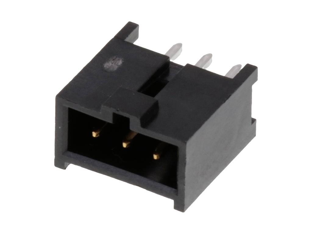 A black, rectangular connector with three visible metal pins used for connecting electronic components.