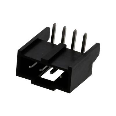 Black, rectangular electrical connector with four metal pins; used for connecting cables on circuit boards.