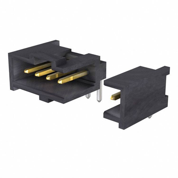 A black electrical connector with six gold pins, designed for printed circuit boards, is shown from an angled perspective on a plain background.