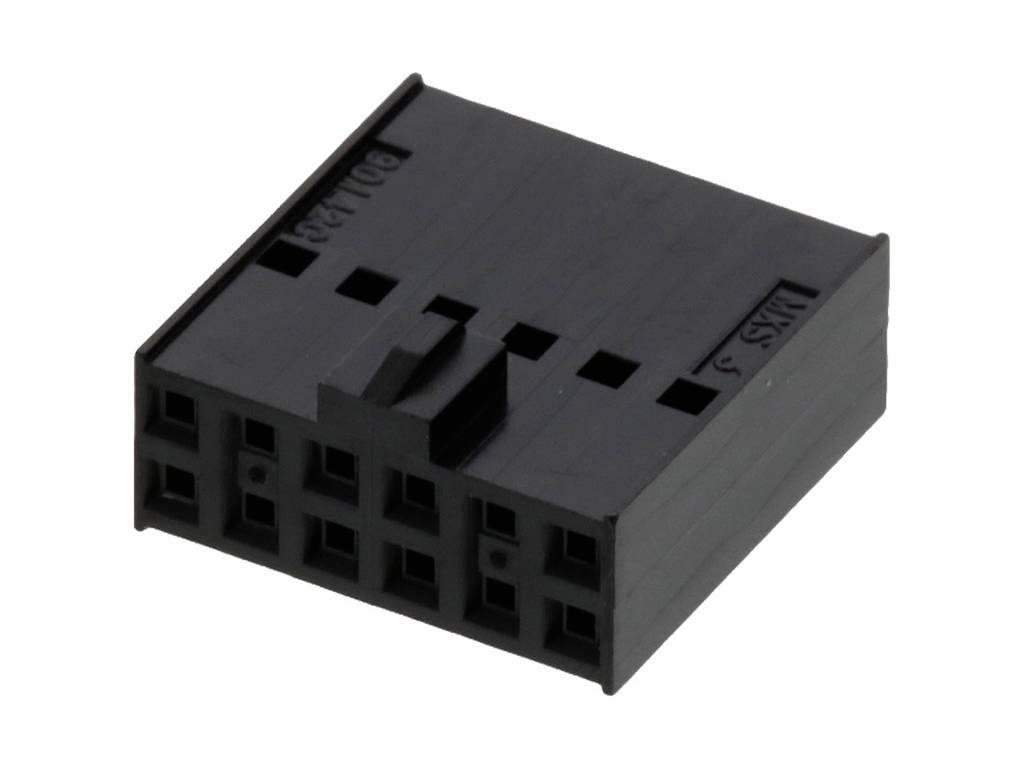 Black plastic plug with multiple square connectors, rectangular shape, suitable for electronic connections.