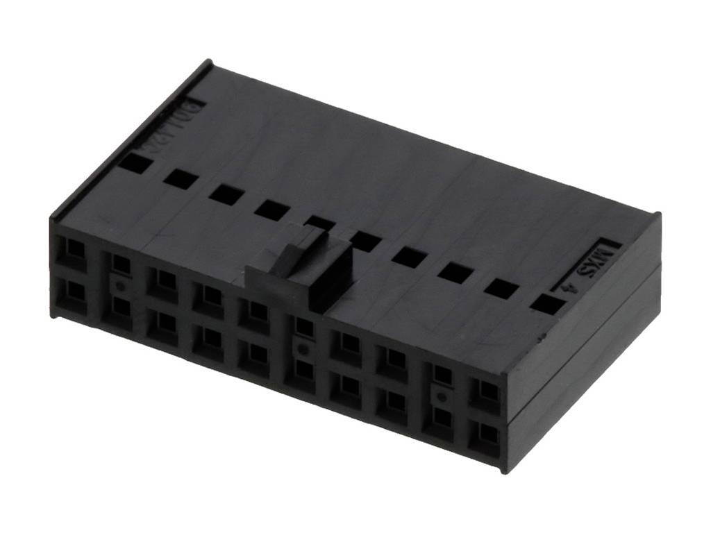 'Black plastic plug with multiple square connectors, suitable for electronic connections.'