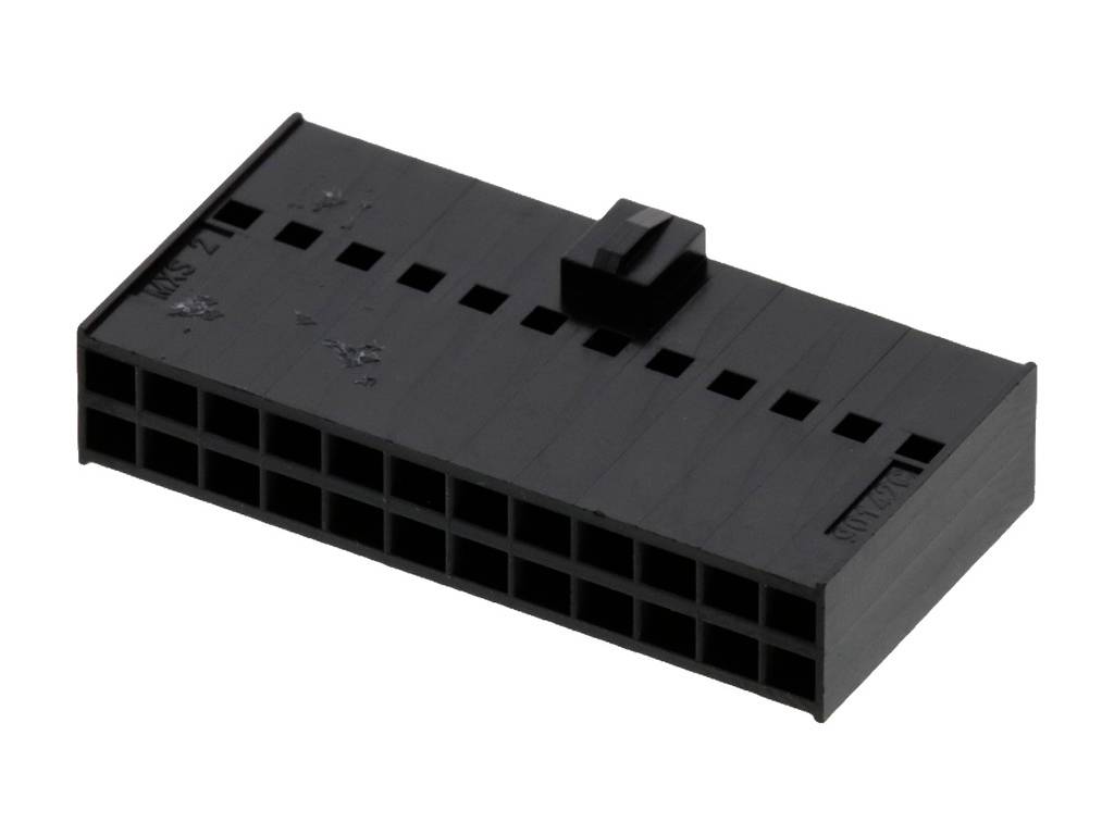 'A black plastic connector with 2x12 pins, used for electrical connections in electronic devices.'