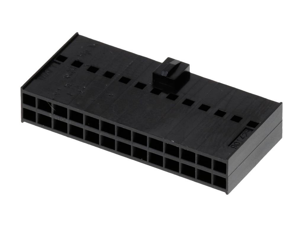A black plastic plug with multiple pins for electrical device connection. It has a locking mechanism on top.