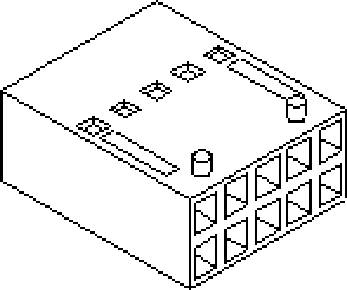 An isometric diagram of a block stone with structured surfaces and openings; shows the geometric form of the stone.