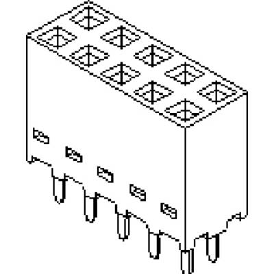 Isometric drawing of a rectangular electronic connector with 9 contact pins, 6 square holes at the top.