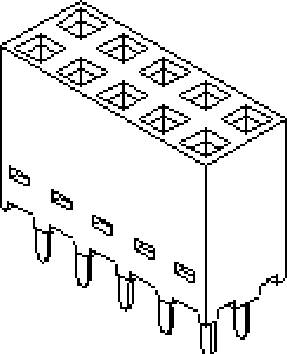 Isometric drawing of an electronic component with eight connection pins on the underside and a rectangular housing.