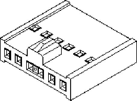 Technical line drawing of an electronic component with a rectangular shape and multiple connections.