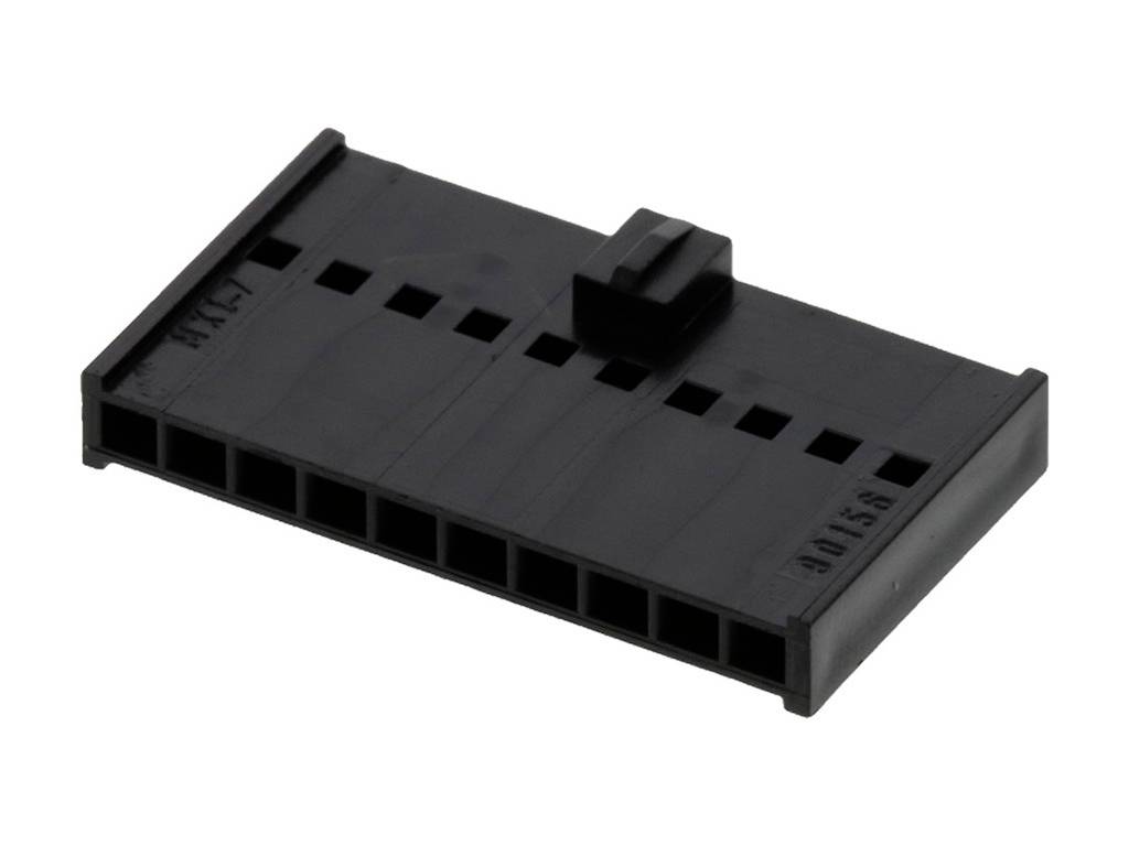 Black plastic connector with ten rectangular pins in two rows, used for connecting electronic components.