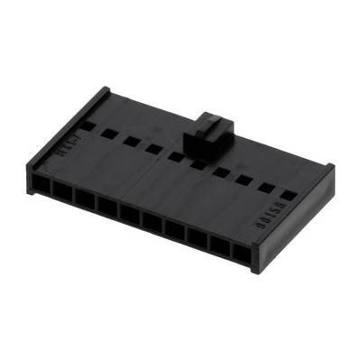 Black plastic connector with ten rectangular pins in two rows, used for connecting electronic components.