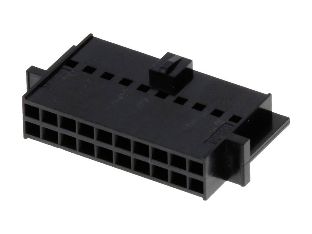 Black electronic multi-point rectangular connector, typically used for computer hardware.