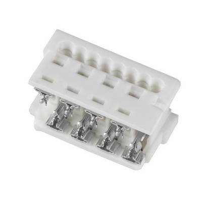 A white electrical plug with multiple pins and metal contacts, used for cable connections in technical equipment.