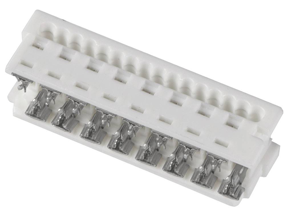 A white electrical plug connector with multiple metallic contact elements arranged in two rows.