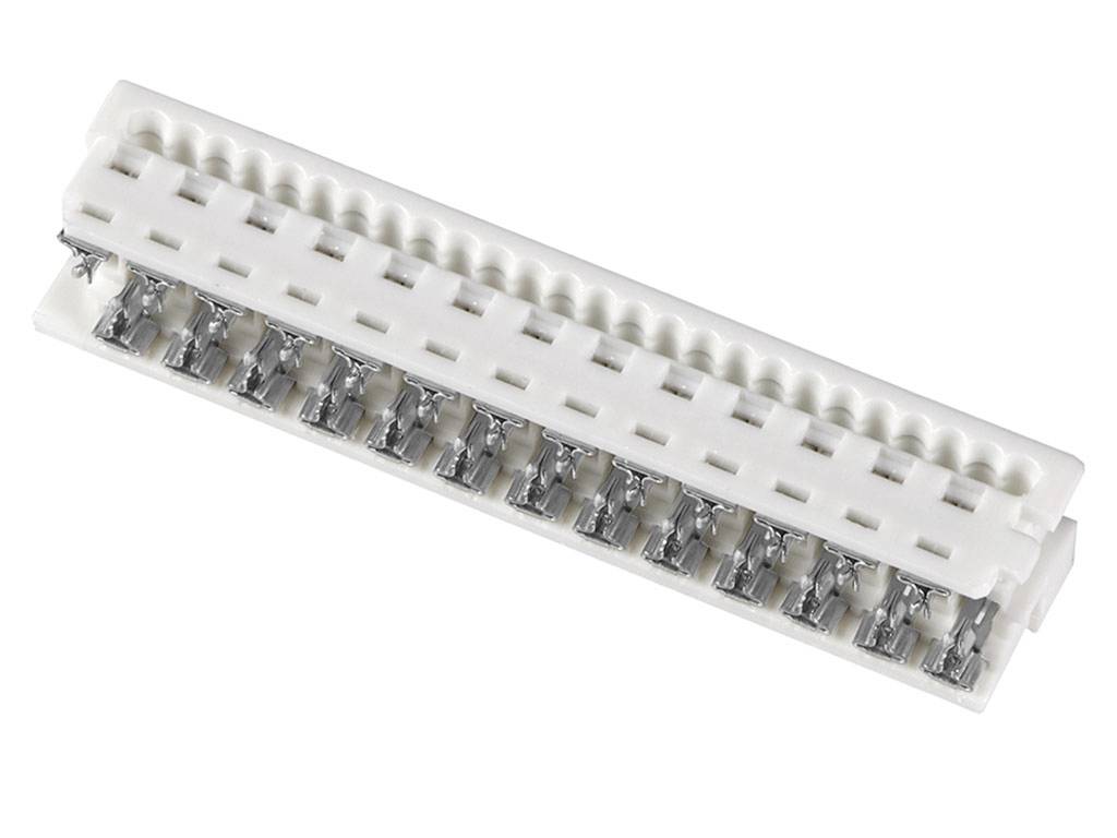 A rectangular, white plug connector with multiple metal contacts, potentially for electrical or electronic applications.
