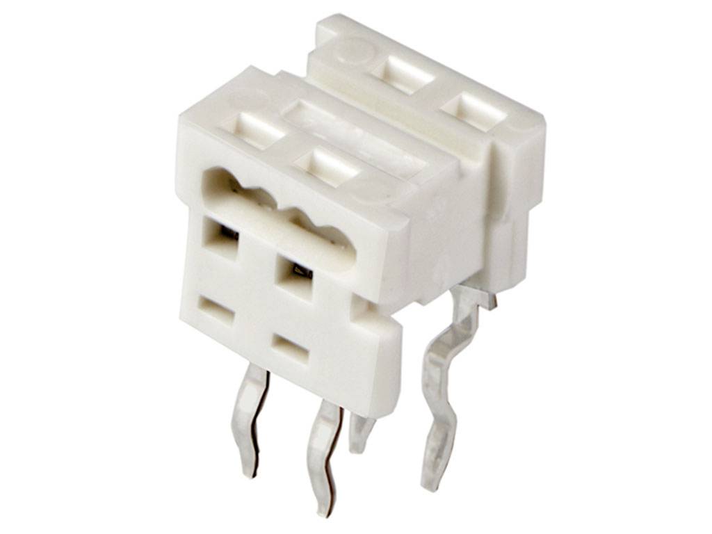 A white, rectangular plastic connector with three electrical pins, used in electronic devices to connect components.