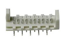 A white electrical connector with multiple metal pins, typically used in electronic devices to connect circuits.